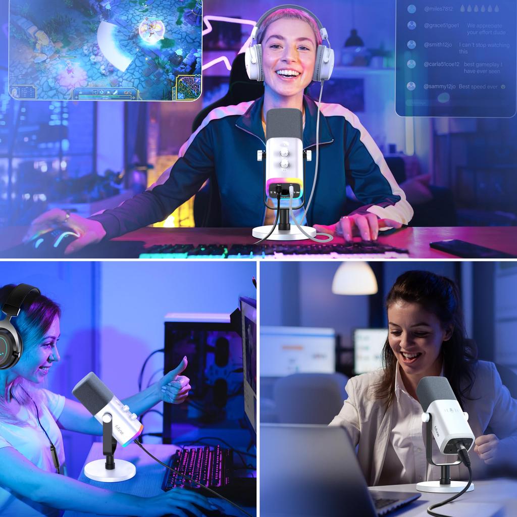 FIFINE Standalone Unidirectional Dynamic Microphone for and Content Compatible with Mute RGB Illumination Volume Headphone AmpliGame AM8W USB/XLR