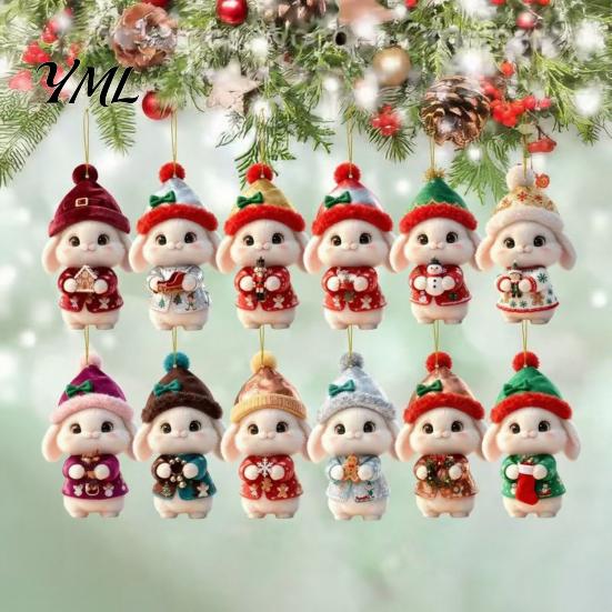 Rabbit Themed Christmas Party Supplies Bunny Wooden Ornament, 2D Flat Hanging Decor with Santa Festive Hat, Holiday Tree Pendant for Wreath Door, Home