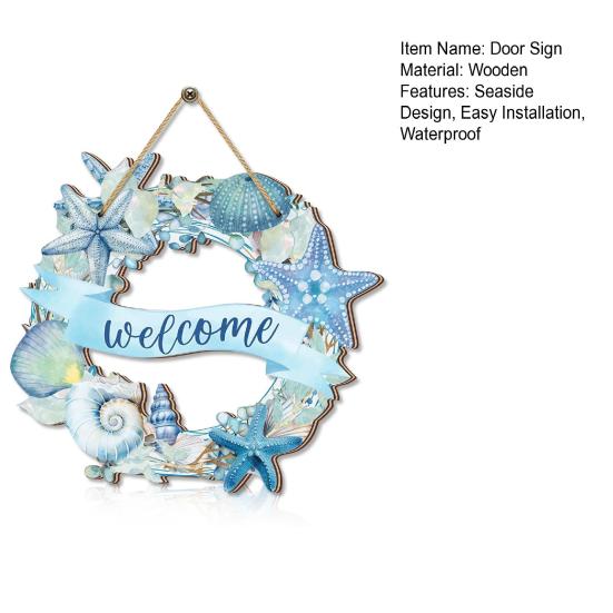 Door Sign Watercolor Starfish Seashells Design Wooden Beach Decor with Hanging Rope Waterproof Outdoor Indoor Seaside Entrance Sign Home Accent