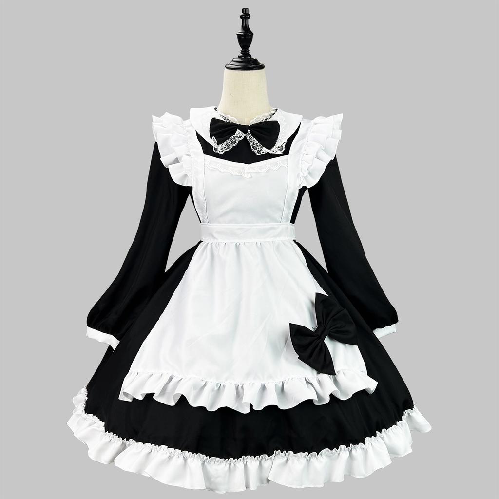 Japanese Maid Cosplay Cute Lolita Party Dress Black White Long Sleeve Classic Apron Maid Role Play Waitress Cross Dressing