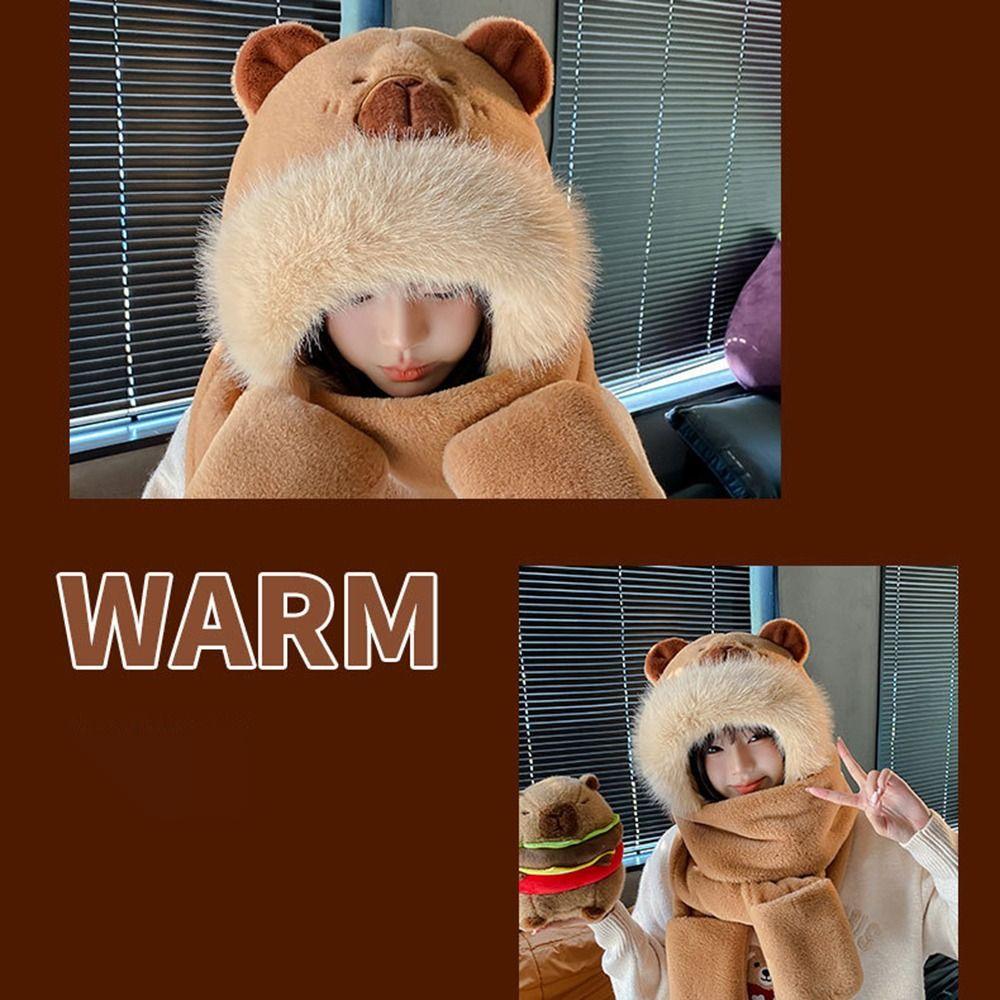Panda Capybara Hat Scarf Set 3 In 1 Cartoon Plush Hat Earmuff Scarf Hat Glove for Women Lady