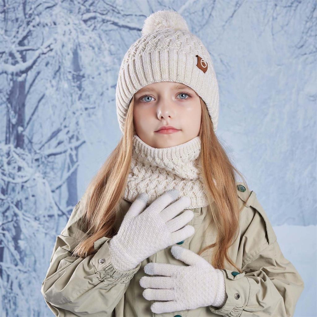 Kids Winter Hat Gloves Scarf Set, Girls Boys Pompom Hats Gloves Knit Set With Thick Fleece Lined For 4-10 Children
