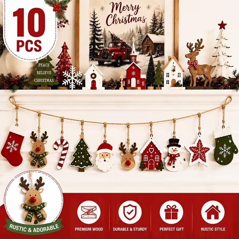 Wooden Christmas Hanging Ornaments Set of 10 Rustic Village Style Pendants for Tree and Winter Home