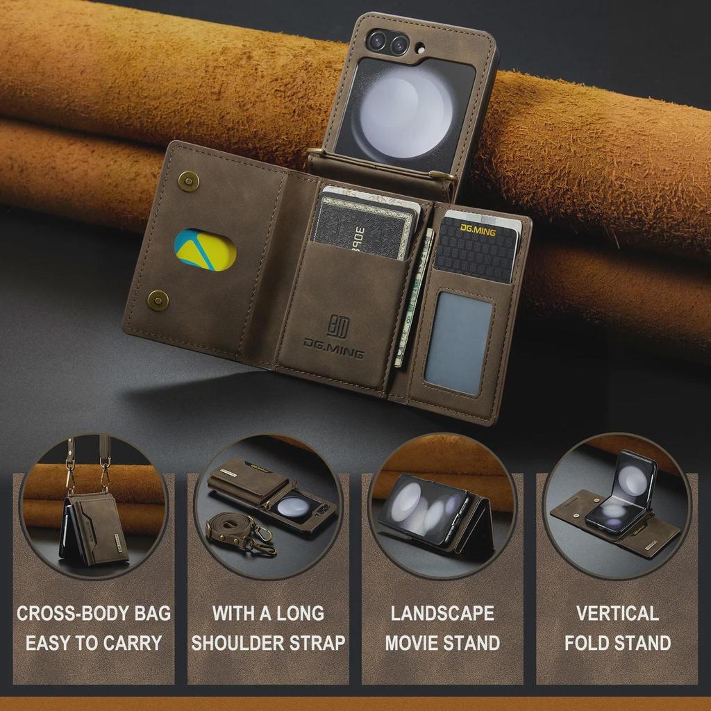 Кожаный чехол M2 для Samsung Z Flip5/4: Кошелек и держатель карт с плечевым ремнем