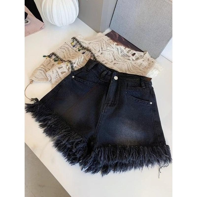Tassel Fringed Denim Shorts for Women High Waist Thin Wide Leg A-line Half Pants Solid Color Sexy Style Ladies' Clothing
