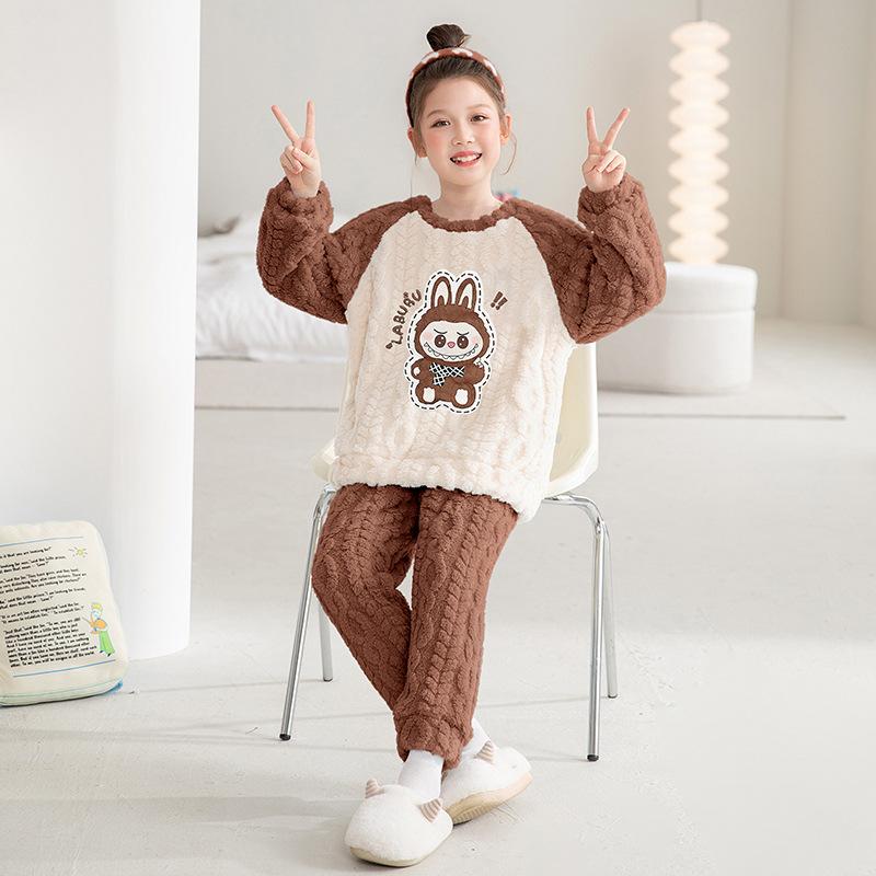 Kids Flannel Pajamas Set Boys Girls Warm Long Sleeve Top And Pants Sleepwear Winter Home Nightwear