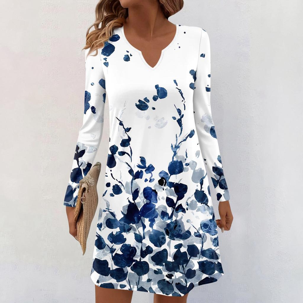 Women's Long-sleeved Casual Midi Dresses V-Neck Print Casual Dress