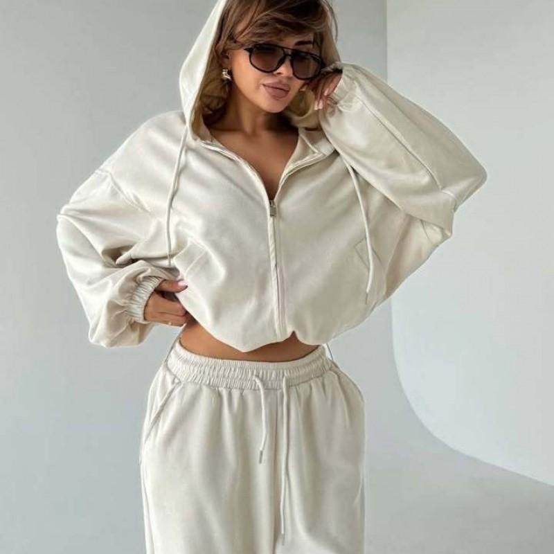 Womens Casual 2-Piece Set: Solid Color Long Sleeve Zip-Up Hooded Sweater Tie-Waist Wide Leg Pants