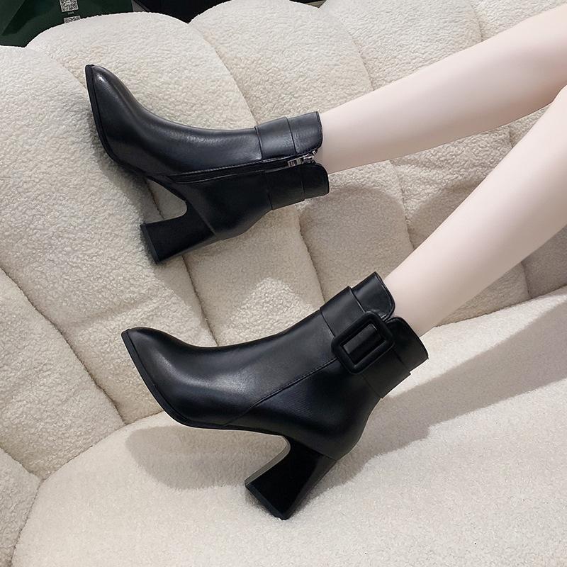 Белые ботильоны для женщин, толстый высокий каблук, круглый носок, элегантные короткие ботильоны, женские туфли-лодочки с пряжкой, Botas Femininas