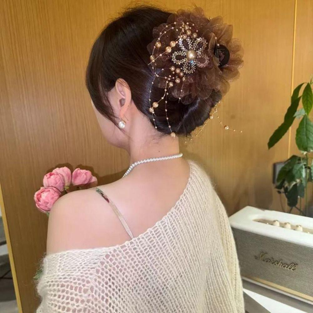 Retro Mesh Sunflower Hair Claws Pearl Tassel Sparkling Diamond Ponytail Hair Clips Hair Gripper Women Headdress