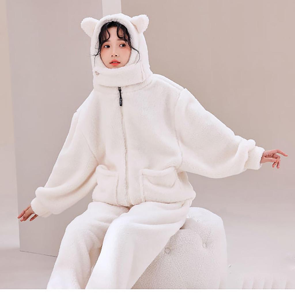 LAVASEON Winter Pajama Cute Animal Print with Bear Warm and Fun Open Fleece and Comfortable Loungewear for Fall and Winter Women's Set, Fluffy, Ears,