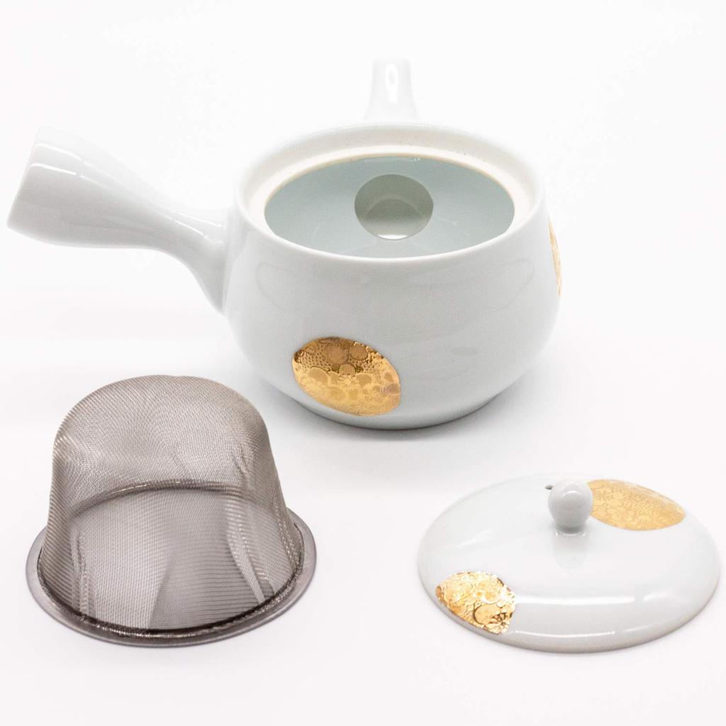 Чайник из керамики Хасами, украшенный цветущей сливой, изделие под номером 477819 (с ситечком), 340 мл, дизайн с золотой росписью, Япония,