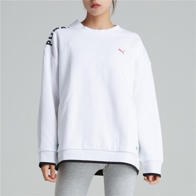Puma Logo Letter Print Crew Neck Pullover Sweatshirt Women Sweatshirt White 577667-02