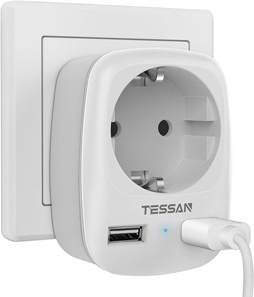 Tessan Компактная розетка с 2 портами USB, адаптером европейского стандарта 3 в 1 с защитой от перегрузки для офиса, дома, путешествий