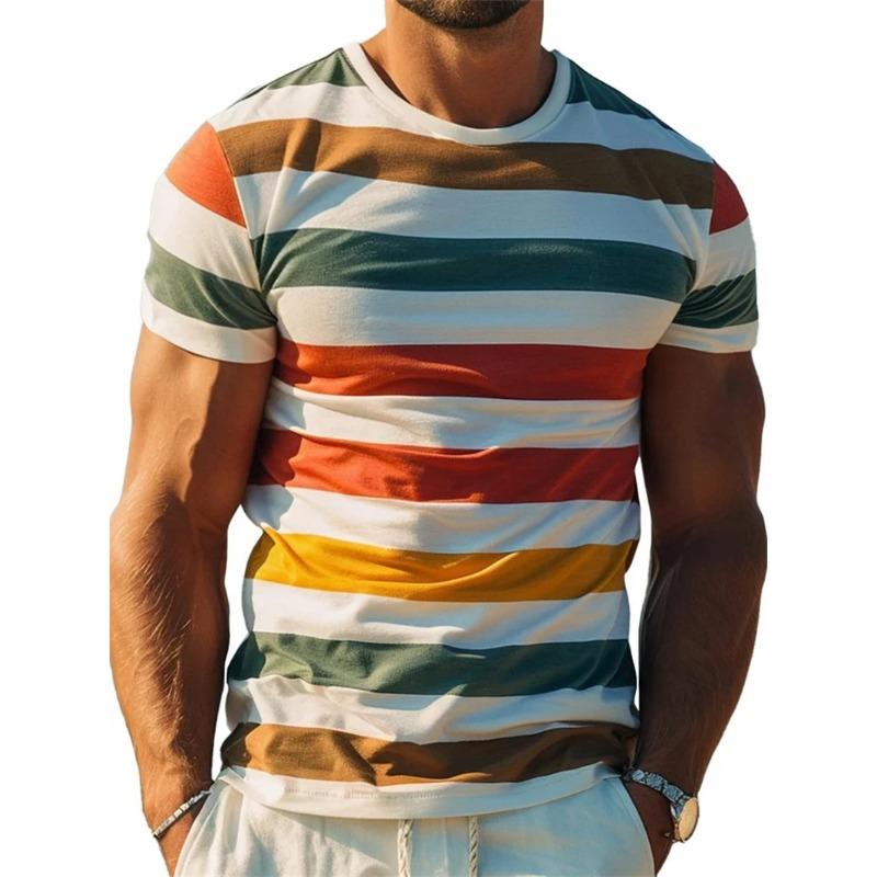 Summer Round Neck Retro Stripe Graphic 3D Print Top Fashionable Casual Short Sleeved Men's T-shirts