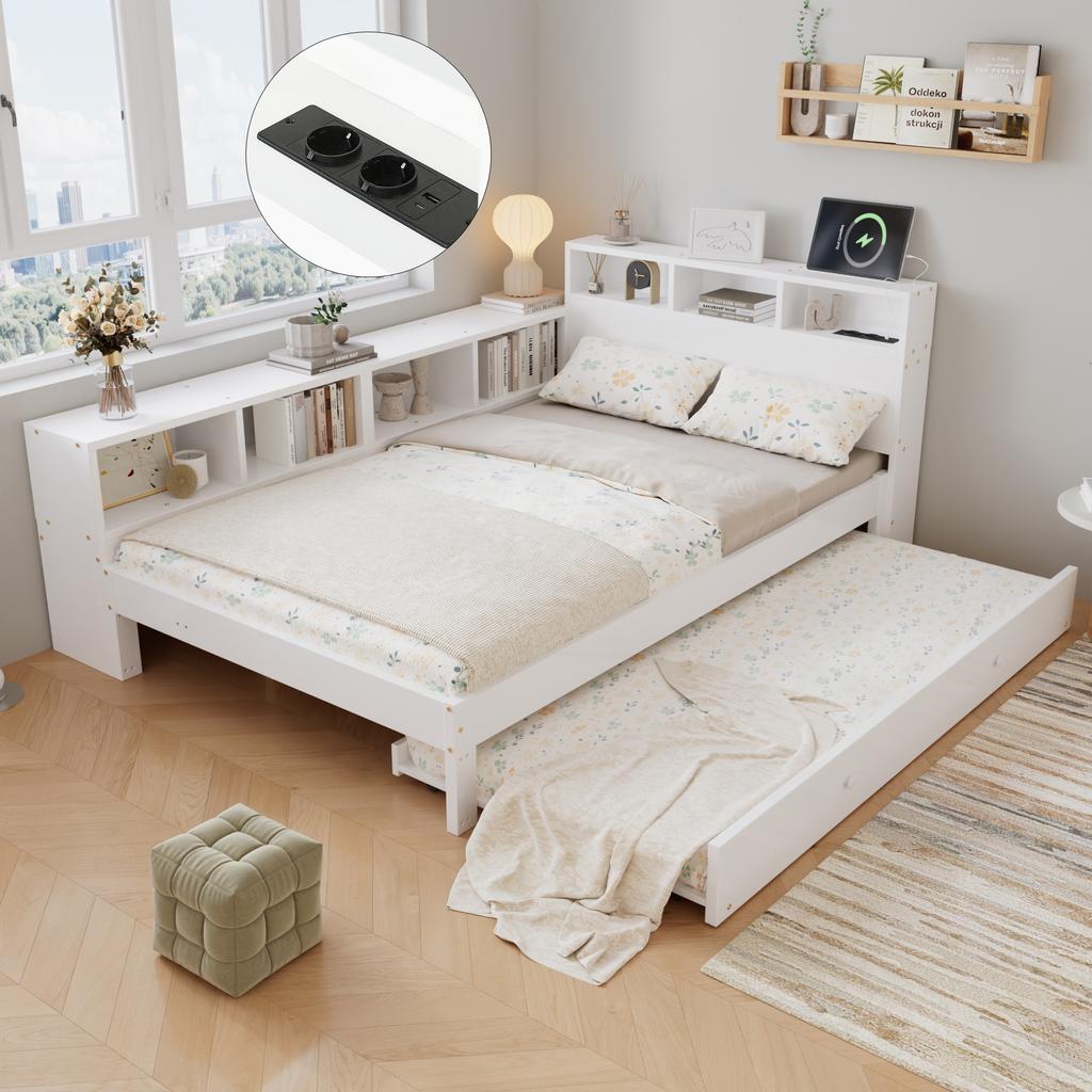 Wooden Bed 120x200 cm with Pull-Out Bed 90x190 cm, White Bed with Side Storage Shelf Mountable Left/Right, Headboard Shelf and Charging Station