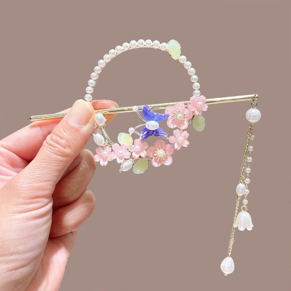 Elegant Hanfu Hairpin Vintage Long Tassels Floral Hair Accessory Flower Design Alloy Material Pearls Hair Sticks Daily Use
