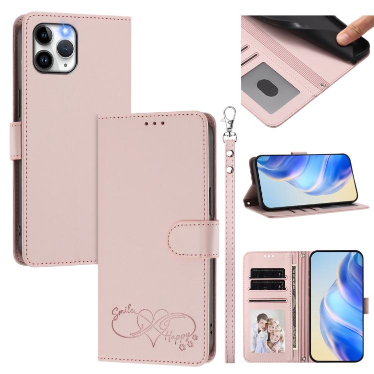 Happy Heart Pattern Magnetic Closure Vegan Leather Phone Case With Wrist Strap For iPhone Shockproof Protective Cover