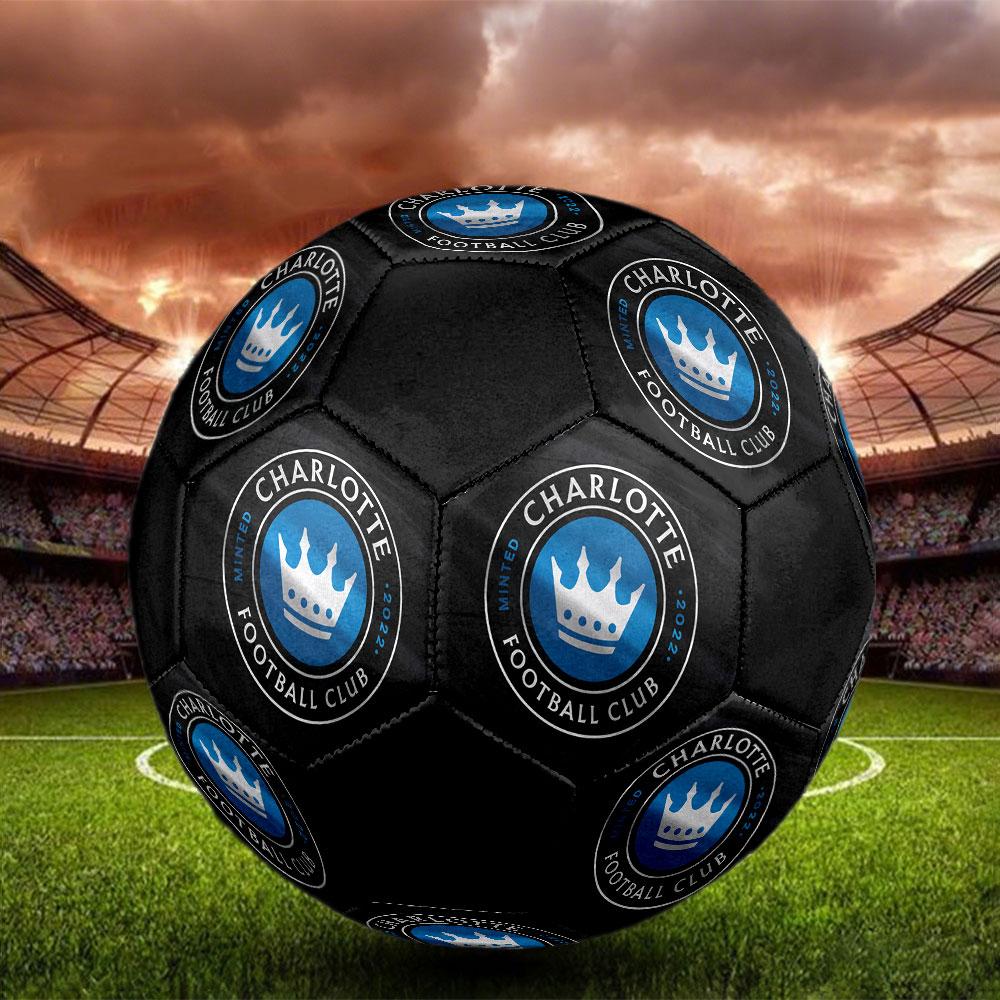 Charlotte FC Size 5 Soccer Ball, Machine-Stitched PVC, Durable & High Bounce, All Ages Fit, fan merchandise, matches & outdoor use.