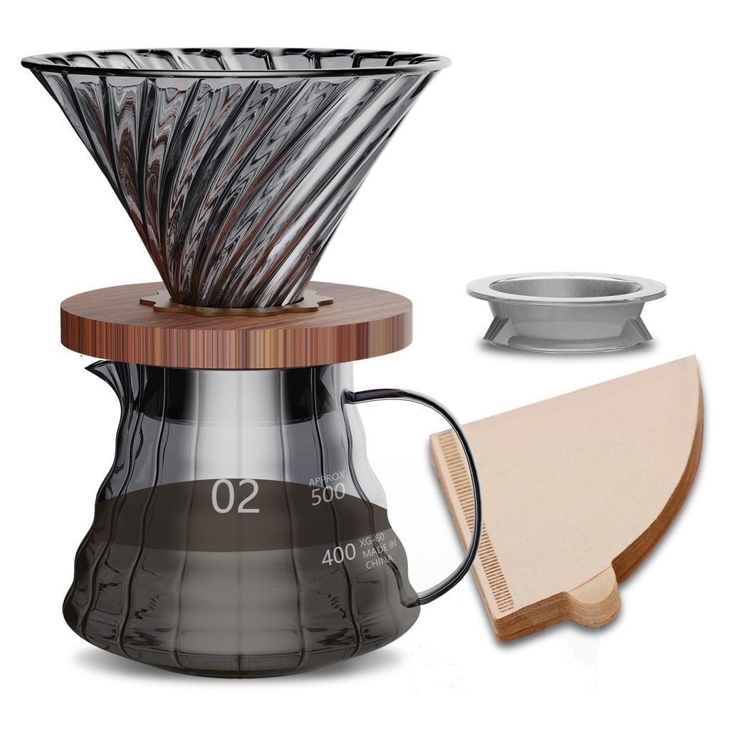 ESTVLB Coffee Server, Heat-Resistant Glass with Wooden Holder, 600ml Capacity with Graduations, Serves 2-4 People, Microwave Safe, with Lid, Hand