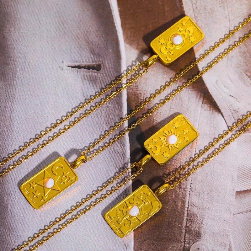 Ожерелье из нержавеющей стали для женщин, продолговатый кулон Таро с изображением солнца, луны и звезды, подарок ювелирного изделия