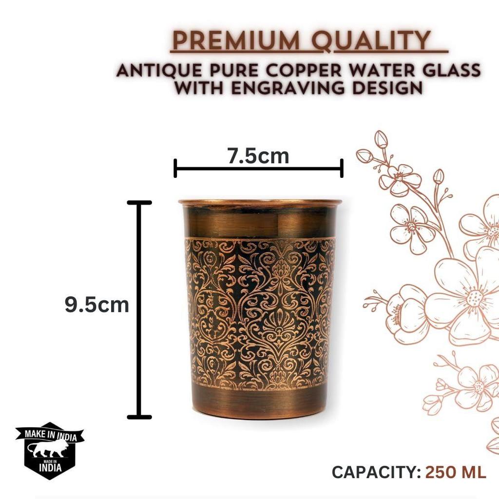 Pure Copper Glasses Gift Box Set of 2 | Hand Made Antique Finish Embosed Tumbler | Glass for Drinking with AYURVEDA Health Benefits