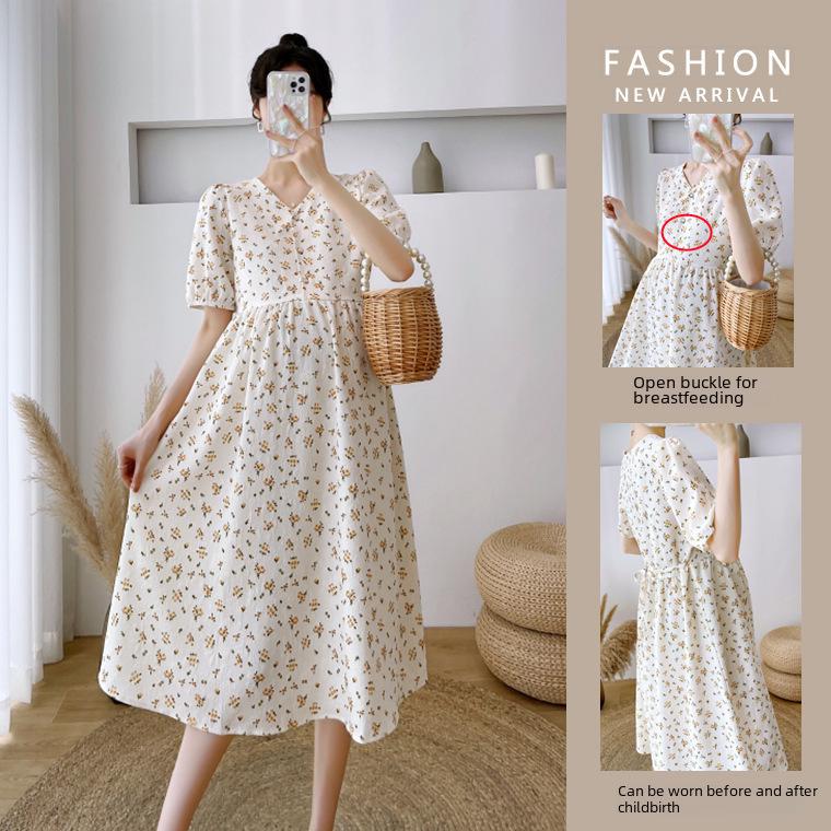 Spring/Summer Floral Maternity & Nursing Dress – Chic Mid-Length Design