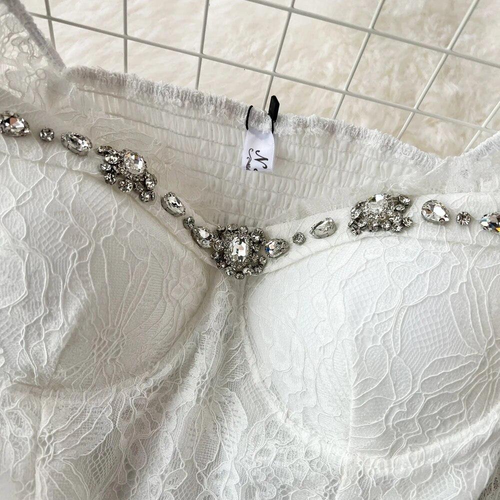 Французская шикарная блузка с бриллиантами, женская корейская мода, квадратный воротник, пышные рукава, блузки в стиле пэчворк, кружевной топ с высокой талией, дропшиппинг