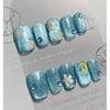 HANDMADE Artificial Nail Medium Round Blue Starry Sky Cat's Eye Moon Daisy Phototherapy Nails Fake Nails Reusable and Removable Nails