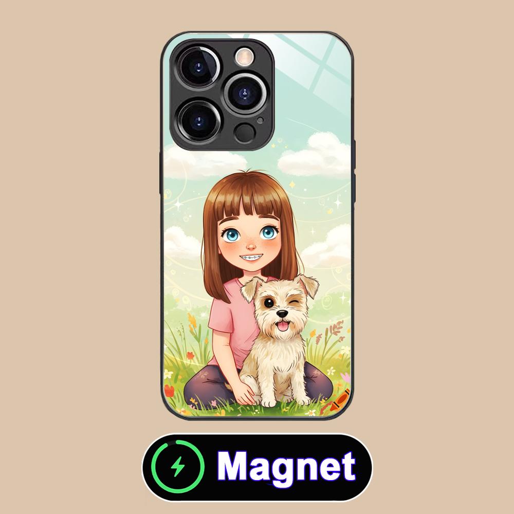 Чехол для мобильного телефона iPhone 17 16 15 14 13 12 11 Air Pro Max Plus Mini, стеклянный, MagSafe, с рисунком девочки и щенка, цветной
