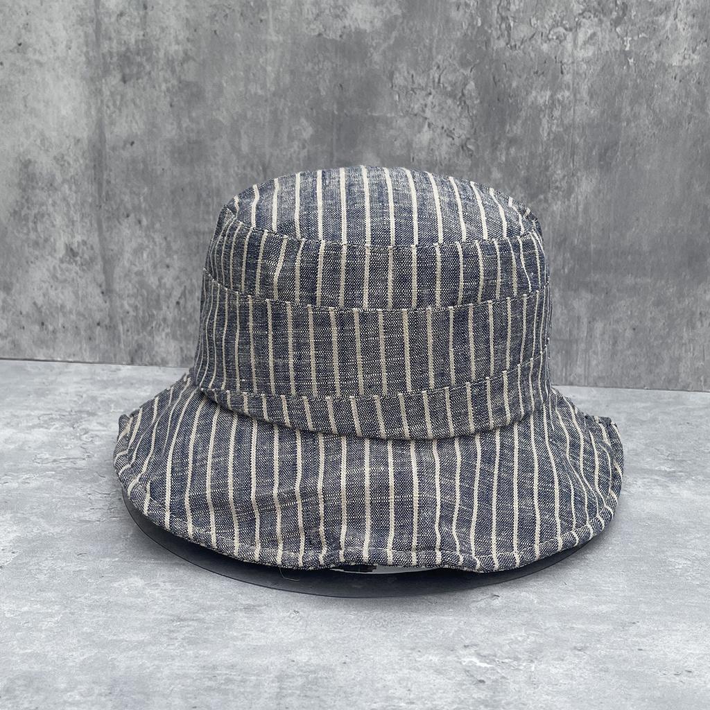 Literary flat top striped linen blended Yamamoto style bucket hat women's mountaineering sun protection hat wide brim sunshade basin hat
