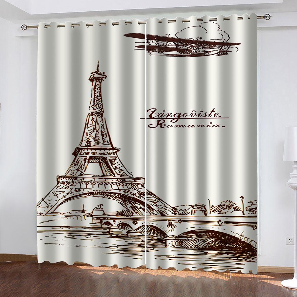 Paris Oil Painting Design Eiffel Tower In the Streets Thin Window Curtains for Living Room Bedroom Decor On Sale 2 Pieces