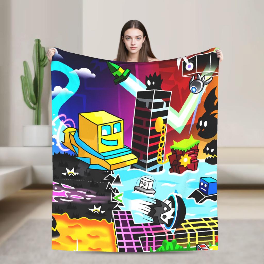 Geometry Dash Gaming Game Flannel Blanket Winter Warm Throw Blanket for Child Couch Bed Comfortable Bedspread Sofa Bed Cover