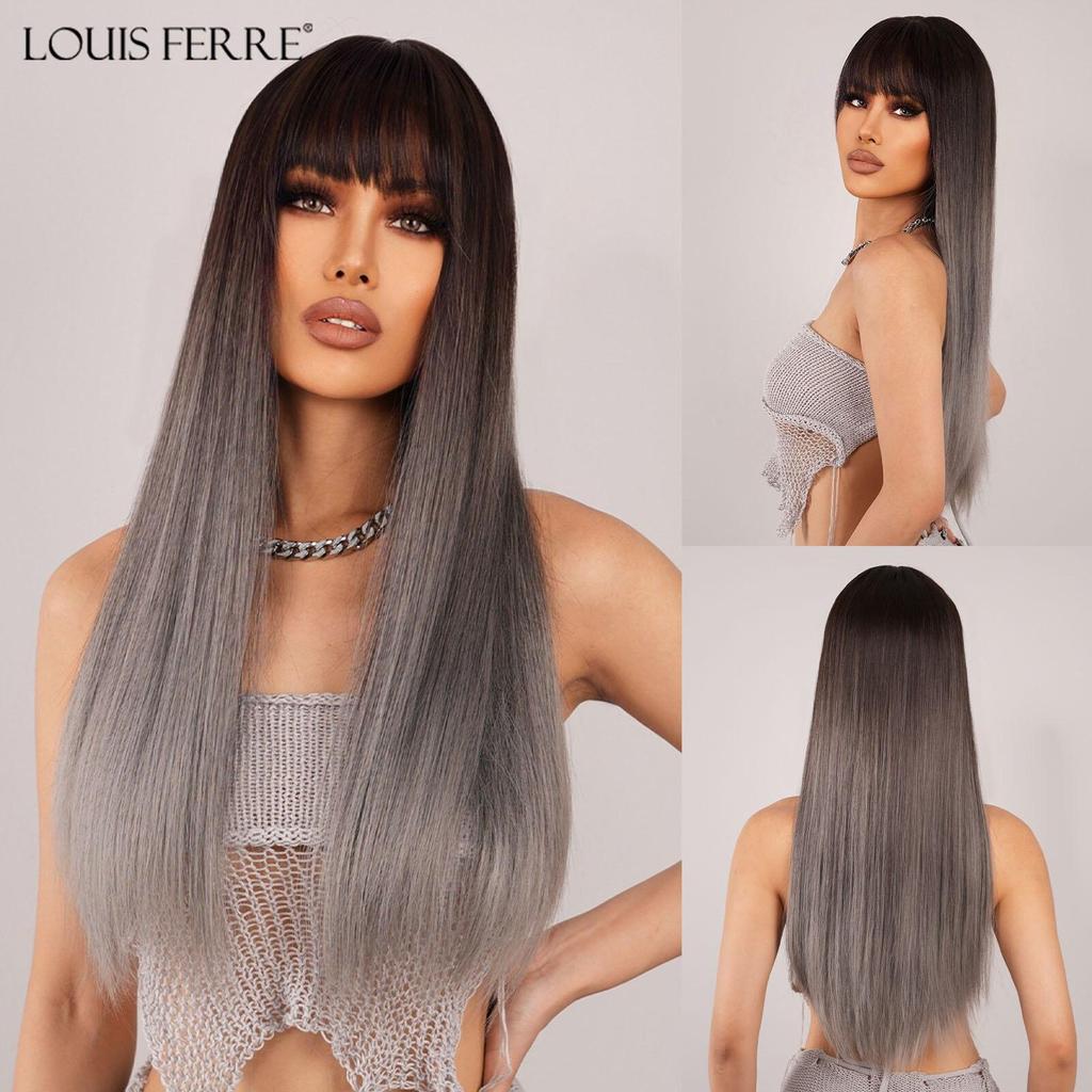 Inhaircube Коричневый и Блондовый Ombre Синтетические парики Длинные прямые реалистичные волосы Косплей Ежедневный парик с челкой для женщин