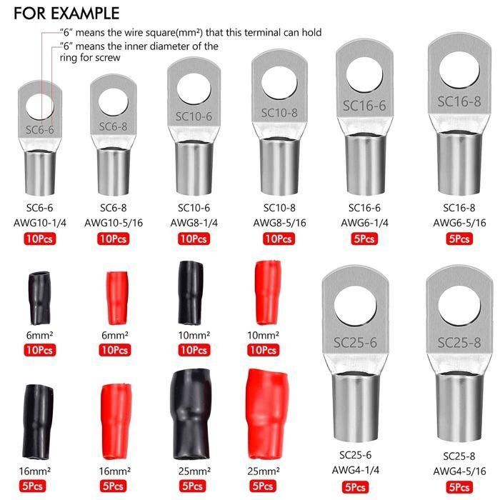 Kit 120 cosses à sertir annulaires SC (4,6,8,10 AWG) + 60 manchons isolants rouge/noir pour batterie