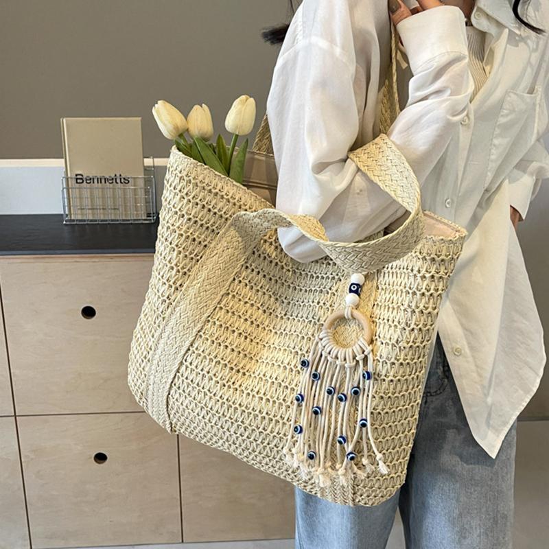 Yogodlns Летняя соломенная большая вместительная женская сумка через плечо с кисточками и плетеной пляжной сумкой-тоут