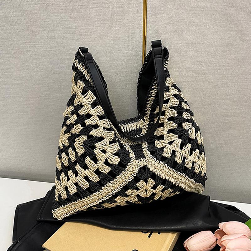 Yogodlns Летняя соломенная вязаная сумка, ажурная сумка-тоут, однотонная пляжная сумка через плечо, праздничная дорожная сумка, сумка через плечо в стиле бохо для женщин