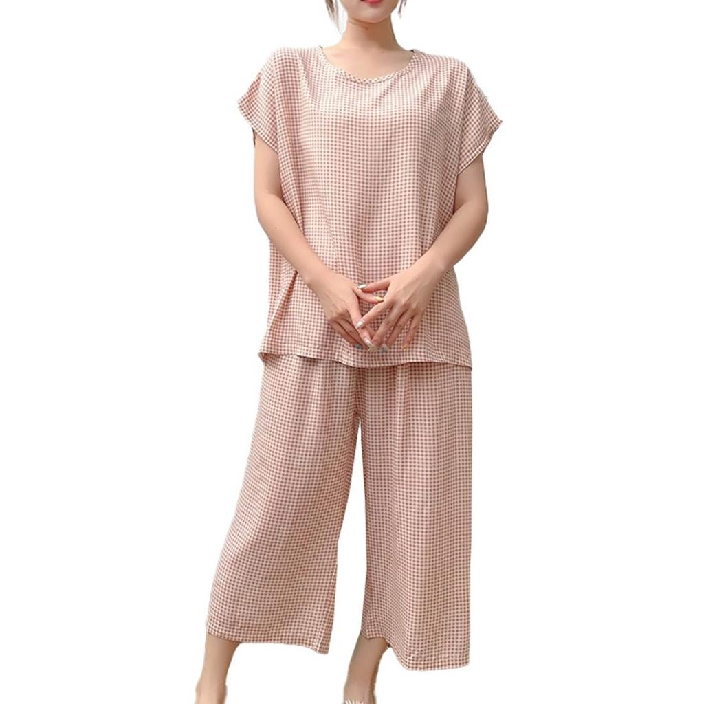 AICA Printed Pajama Short Sleeve and Length Gaucho Cool and Lightweight Rayon Relaxed Fit for a Comfortable Gingham Check One Size to Pattern 1 Set,
