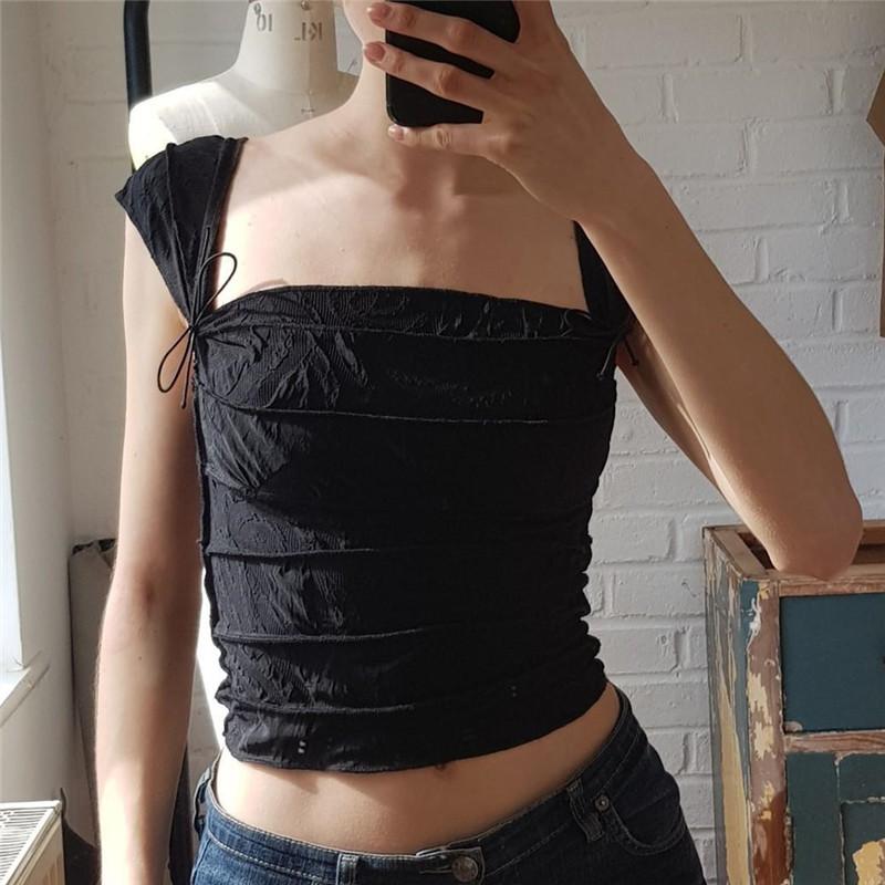 WTEMPO Y2K Folds Bow Cropped Tops Cute Square Collar Short Sleeve T-Shirt Retro Harajuku Basic French Tee Lady Elegant Chic Tops