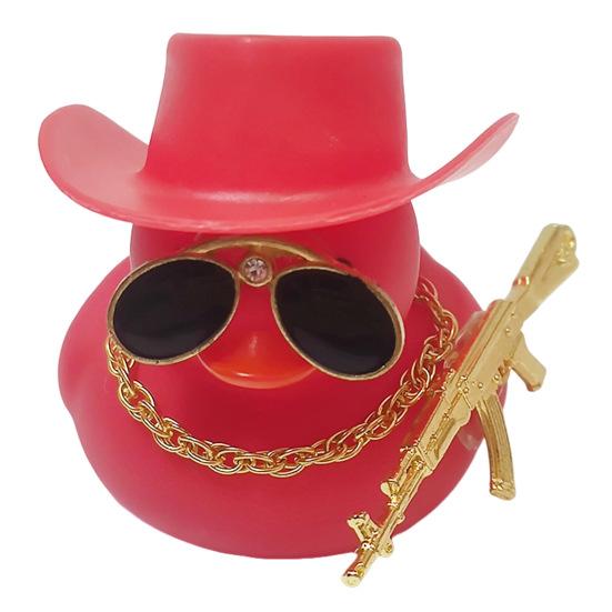 Duck Ornament Squeaky Car Dashboard Decoration Set Funny Yellow Duck Figure with Cowboy Hat Sunglasses Golden Chain Decor