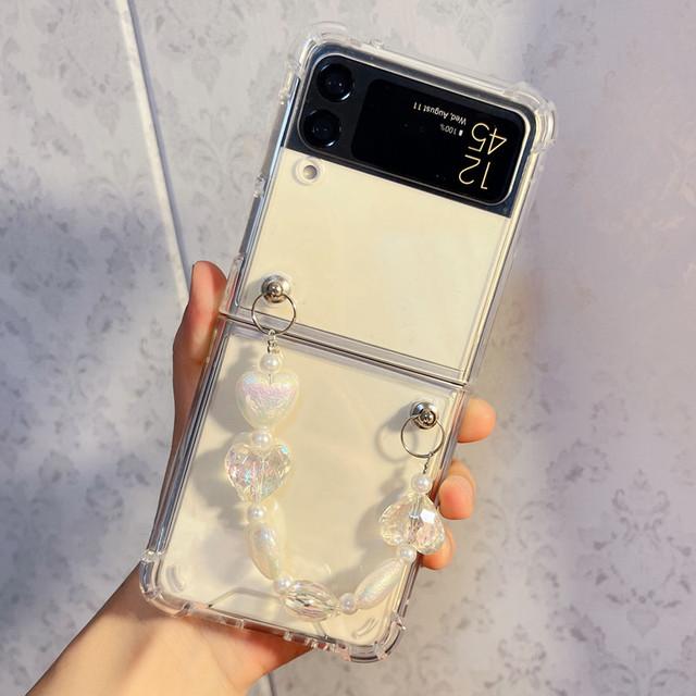 Симпатичный кожаный браслет-цепочка с бусинами, медведем и цветком, чехол для телефона для Samsung Galaxy Z Flip 4 Z Flip 3, прозрачный противоударный Z-откидной чехол Para