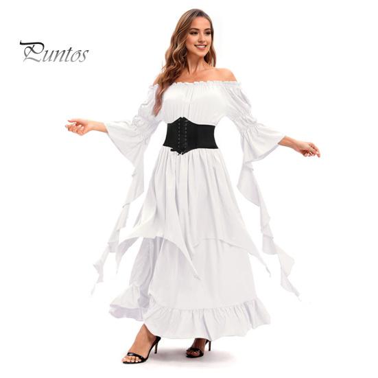 Платье на Хэллоуин Винтажное ренессансное средневековое викторианское пиратское платье Бальное платье для выпускного вечера с открытыми плечами и рукавами-колокольчиками с рюшами и плиссировкой Нерегулярный подол Макси-платье
