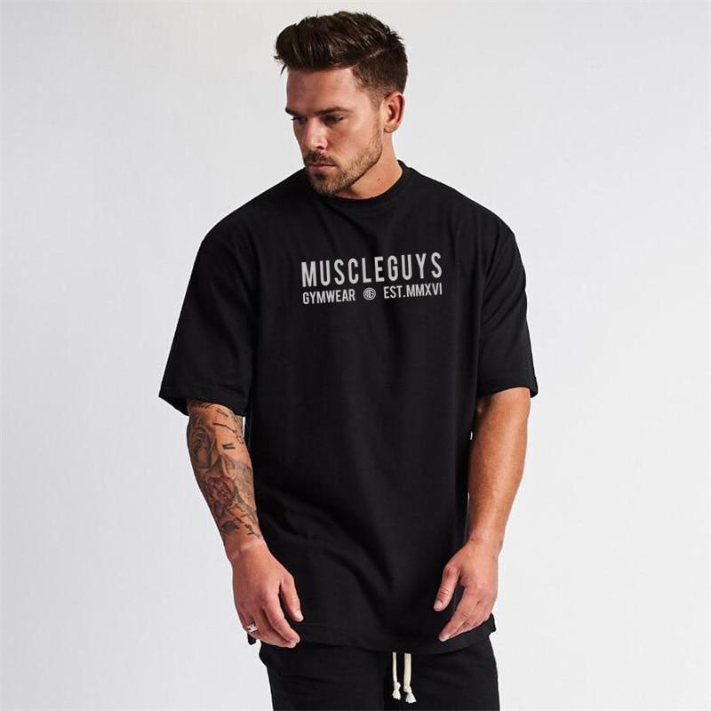 Muscleguys Мужская футболка большого размера с заниженным плечом и коротким рукавом для фитнеса, свободные топы для спортзала