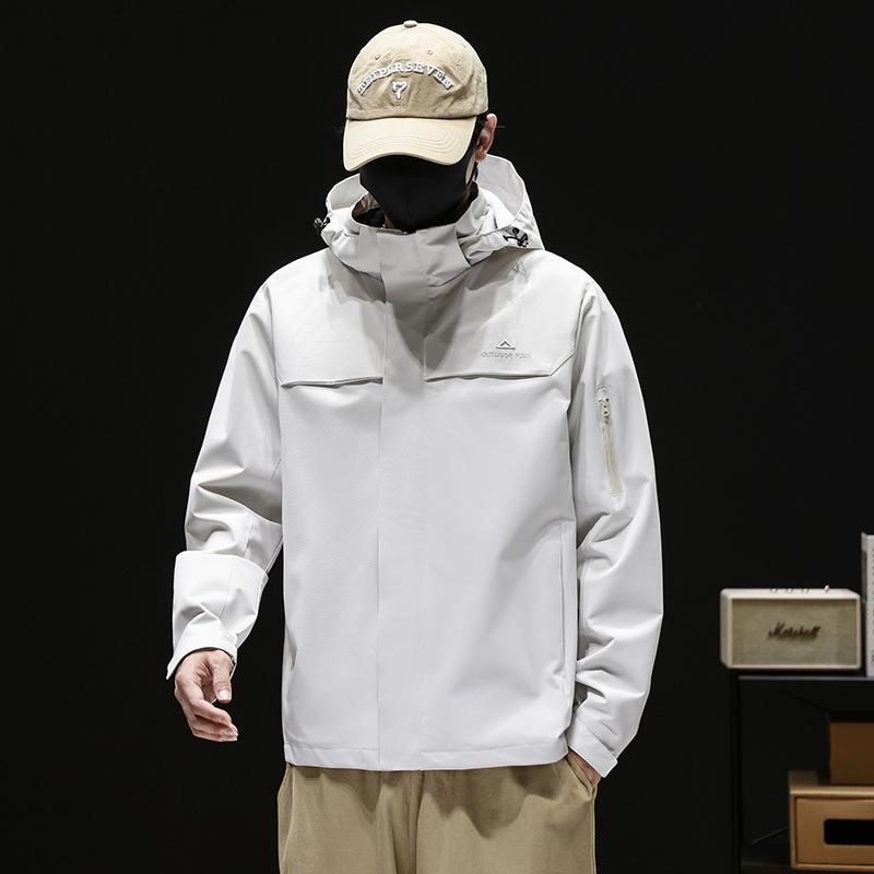 Men's Light Gray Hooded Outdoor Jacket - Waterproof Windbreaker with Zipper Pockets