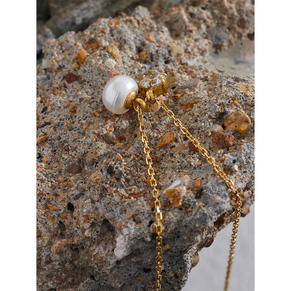Yhpup New Exquisite Stainless Steel Cubic Zirconia Natural Pearl Pendant Luxury Necklace Charm Fashion Korean Jewelry Gift