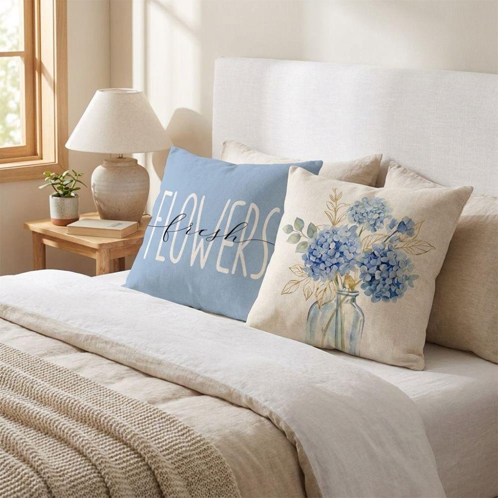 Linen Floral Pillow Cover Skin-Friendly Cushion Case Pillowslip Hydrangea Cushion Cover Bedroom