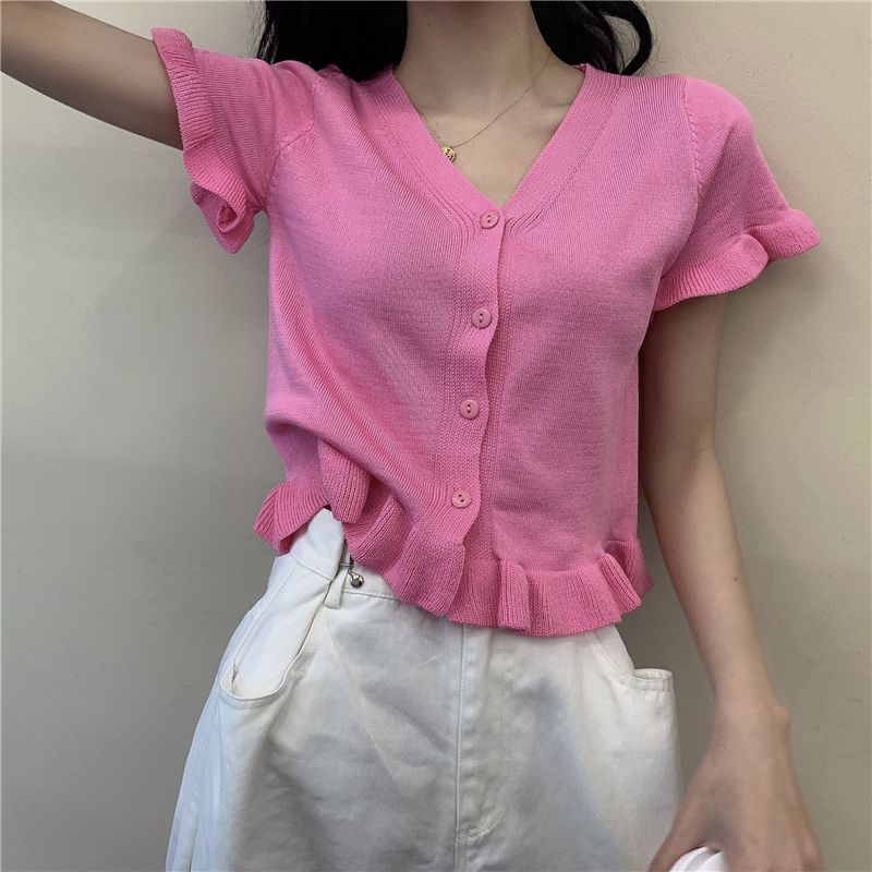 Spring Clothing Korean Version V-neck Lace Short Sleeved Knitted Sweater for Women, Slim Fit Short Cardigan Top for Outerwear