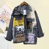 Vintage Full Sleeve Appliques Newspaper Pattern Large Size Black Denim Jacket Leisure Trend Coat 2020 Autumn