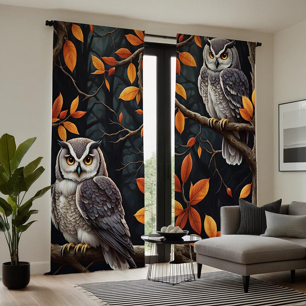 2 Pieces with HD Maple Tree Owl Decorative Curtain Black Tie Digital Printed Curtain Home Decoration Style Decoration Living Roo