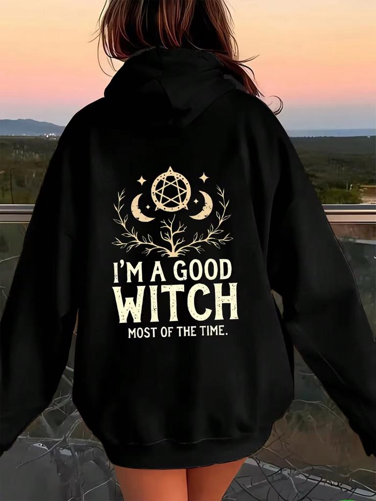 Playful Mysterious Style Magic Symbol Good Witch Letter Print Hooded For Halloween Women'S Oversized Hoodie Casual Streetwear Swea